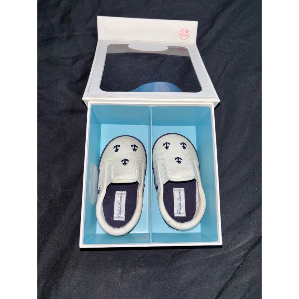 Ralph Lauren Baby Harbor Repeat Slip-On Shoes White/Navy Anchor Print 4 preppy